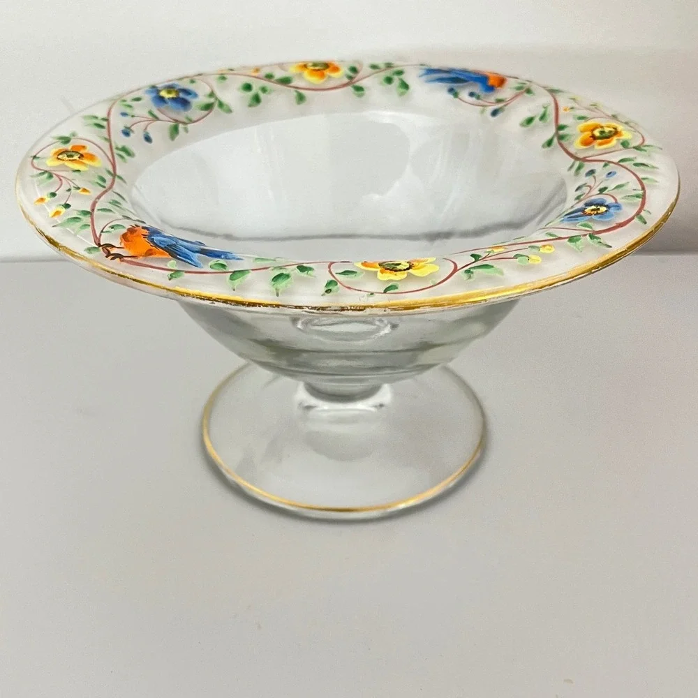 Vintage Westmorland Hand Painted Blue Bird‎ Floral Garden Compote Pedestal Dish